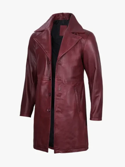 Mens Real Leather Burgundy Car Coat