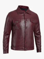 Real Lambskin Leather Burgundy Trucker Jacket For Men's