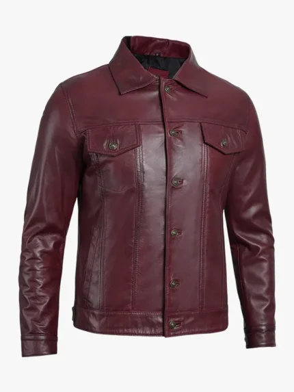Real Lambskin Leather Burgundy Trucker Jacket For Men's