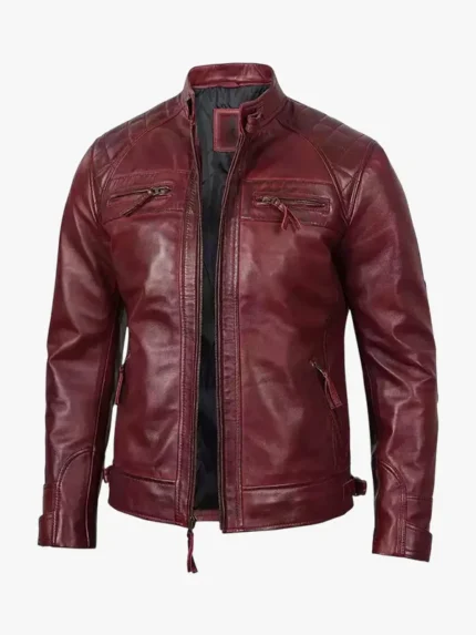 Mens Real Leather Burgundy Biker Jacket