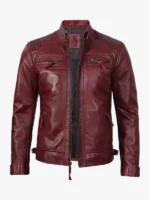 Mens Real Leather Burgundy Biker Jacket - Quilted Shoulder