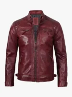 Mens Real Leather Burgundy Biker Jacket Quilted Shoulder