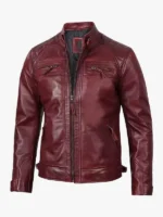 Men Real Leather Burgundy Biker Jacket Quilted Shoulder