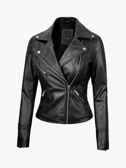 Ninfa Women's Black Asymmetrical Biker Leather Jacket
