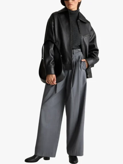 Women Quince 100% Black Leather Oversized Bomber Jacket