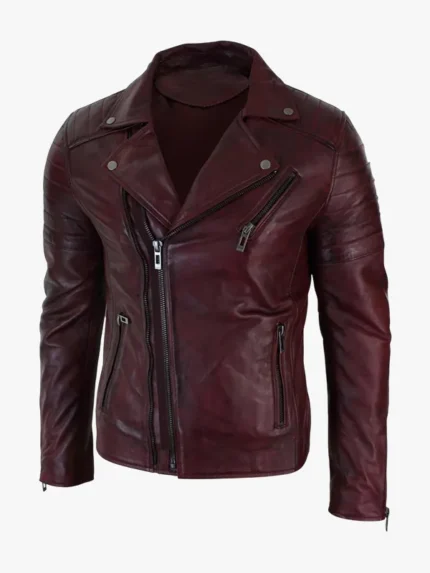 Real Leather Slim Fit Cross Zip Retro Vintage Brando Mens Jacket Vintage Biker-Burgundy