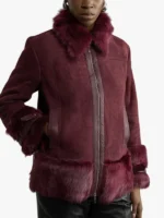 Shearling Buckle Detail Zip Through Red Coat