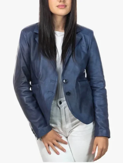 Women’s Real Leather Jacket in Blue – Classic 712