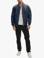 Navy Blue Bomber Leather Jacket