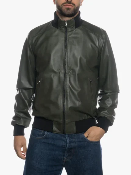 Genuine Leather Olive Bomber Jacket For Men