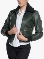 Women's Pilot Black Sheepskin Collar Jacket in Green
