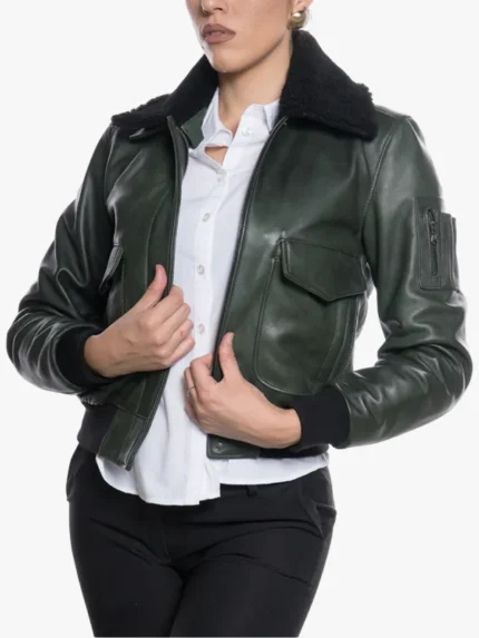 Women's Pilot Black Sheepskin Collar Jacket in Green