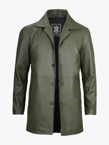 Men’s Olive Green Mid-Length Leather Coat