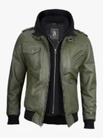 Green Bomber Leather Jacket With Removable Hood