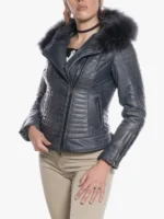 Women’s Real Leather Down Jacket in Vintage Blue – Lasmara