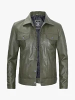 Leather Jacket Mens Dark Green Trucker