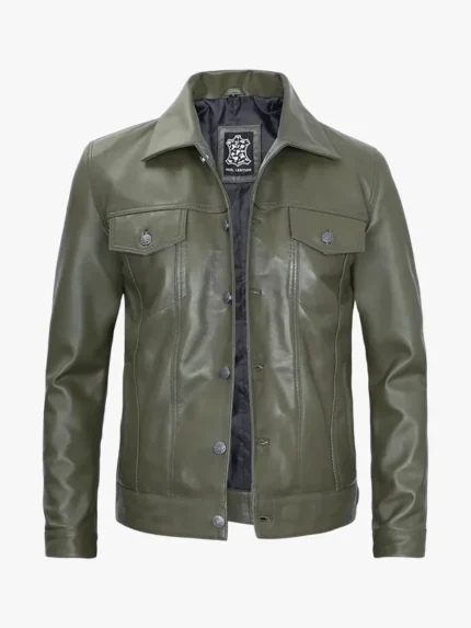 Leather Jacket Mens Dark Green Trucker