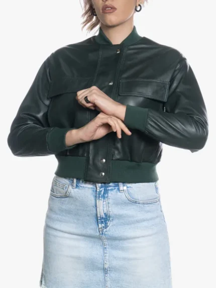 Lisa Women's Green Bomber Rib-Knitted Jackei