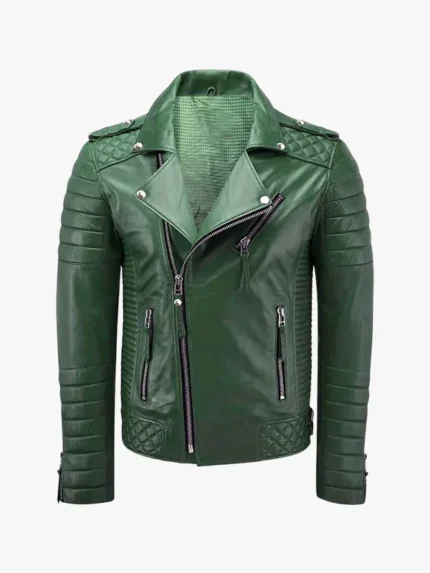 Douglas Quilted Shoulder Green Biker Leather Jacket