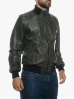 Men Olive Bomber Genuine Leather Jacket