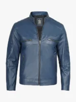 Mens Blue Cafe Racer Leather Jacket