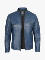 Men's Blue Cafe Racer Style Leather Jacket