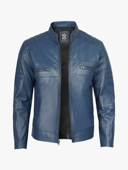 Men's Blue Cafe Racer Style Leather Jacket