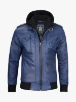 Blue Bomber Men's Leather Jacket with Hood