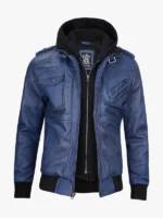 Men's Blue Bomber Leather Jacket with Hood