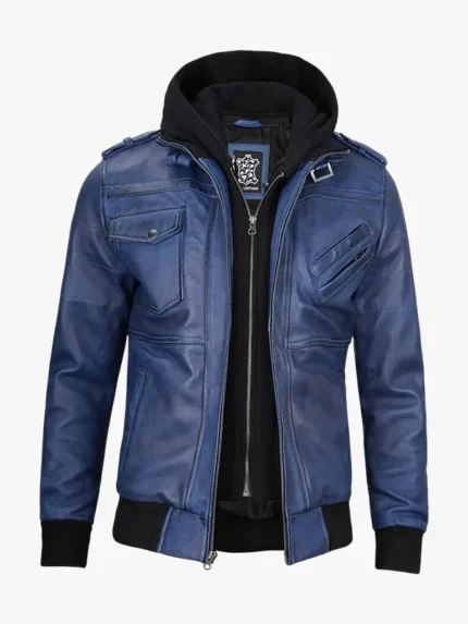 Men's Blue Bomber Leather Jacket with Hood