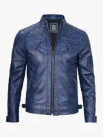 Mens Blue Quilted Leather Biker Jacket