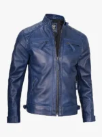 Men's Blue Waxed Quilted Shoulder Café Racer Leather Jacket