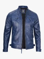 Blue Waxed Quilted Shoulder Café Racer Leather Jacket