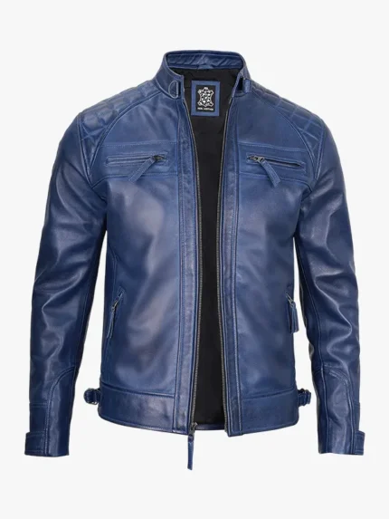 Blue Waxed Quilted Shoulder Café Racer Leather Jacket
