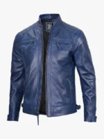 Waxed Quilted Shoulder Café Racer Leather Blue Jacket Men's