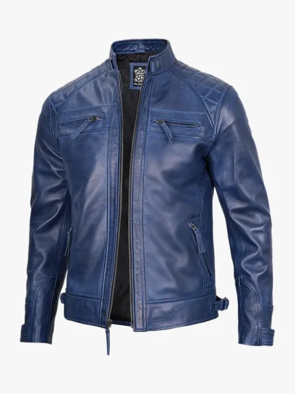 Waxed Quilted Shoulder Café Racer Leather Blue Jacket Men's