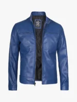 Mens Classic Blue Cafe Racer Leather Jacket