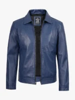 Men's Shirt Collar Blue Leather Jacket