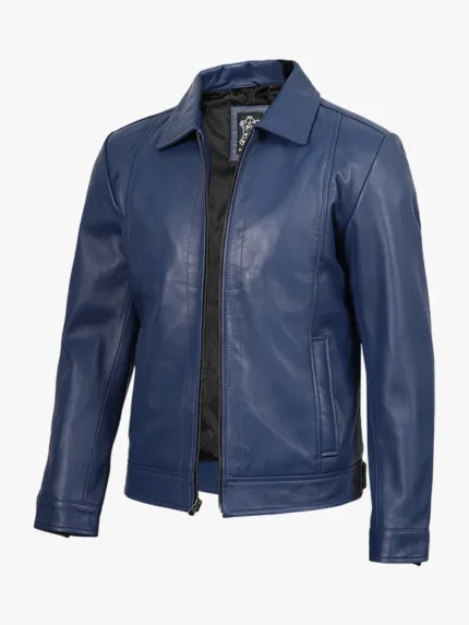 Blue Classic Leather Jacket with Shirt Collar For Men's