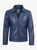 Blue Classic Leather Jacket with Shirt Collar