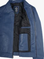 Men's Blue Classic Leather Jacket with Shirt Collar