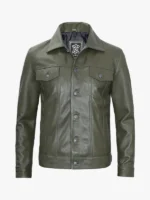 Mens Dark Green Trucker Leather Jacket