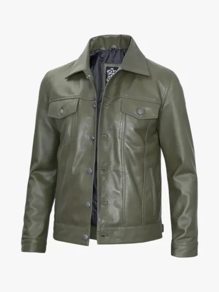 Men's Four Pockets Olive Green Trucker Leather Jacket