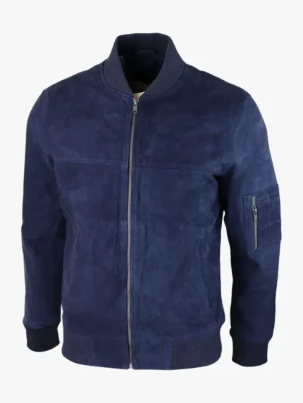 Mens Genuine Suede Bomber Blue Jacket