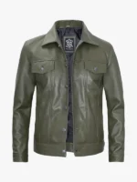 Mens Green Leather Trucker Jacket