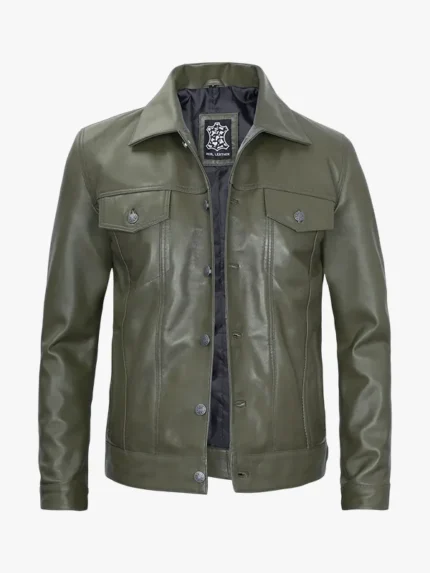Mens Green Leather Trucker Jacket
