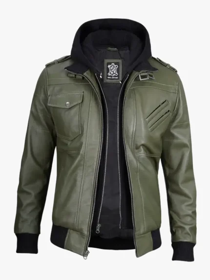 Men's Olive Green Bomber Leather Jacket With Removable Hood