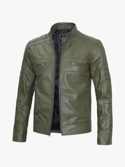 Mens Olive Green Cafe Racer Leather Jacket