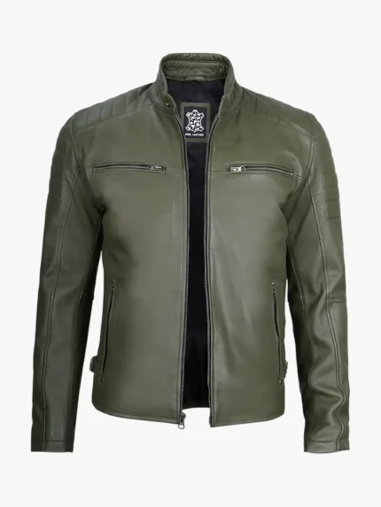 Mens Olive Green Cafe Racer Leather Jacket