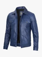 Mens Real Lambskin Leather Waxed Trucker Blue Jacket